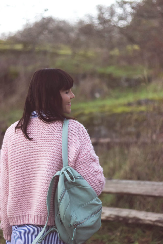 Floral Lullaby Embroidered Shirt in Blue Stripes, Sun Daze Cable Knit Cardigan in Pink, Leather BAGGU backpack, Chic Wish, Vintage, bohemian fashion, fashion blogger, style, outfit,