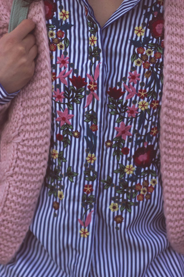 Floral Lullaby Embroidered Shirt in Blue Stripes, Sun Daze Cable Knit Cardigan in Pink, Leather BAGGU backpack, Chic Wish, Vintage, bohemian fashion, fashion blogger, style, outfit,