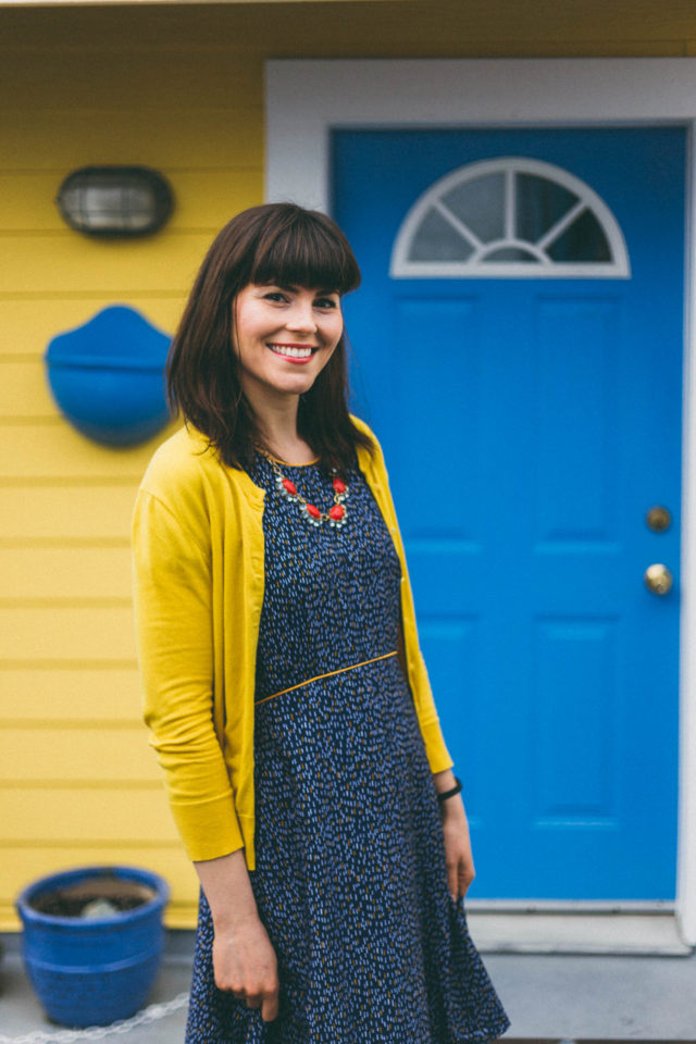 Yumi Nordic Dash Day Dress, Paradise Boutique, Yellow Cardigan, statement necklace, Zooey Deschanel Style, Vintage