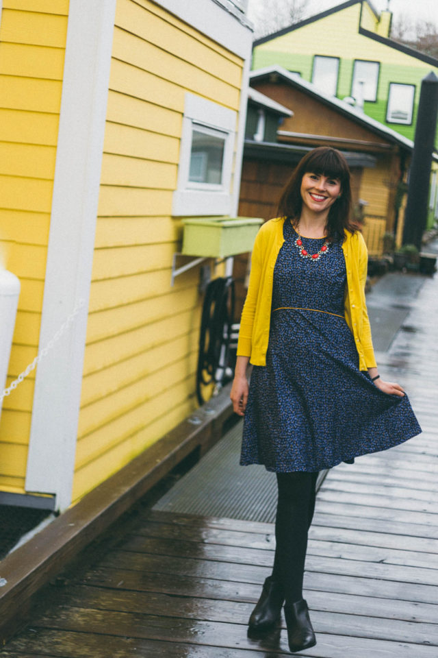 Yumi Nordic Dash Day Dress, Paradise Boutique, Yellow Cardigan, statement necklace, Zooey Deschanel Style, Vintage