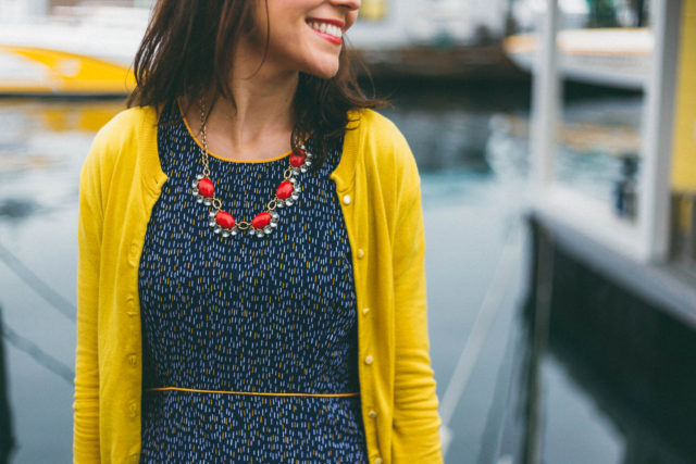 Yumi Nordic Dash Day Dress, Paradise Boutique, Yellow Cardigan, statement necklace, Zooey Deschanel Style, Vintage