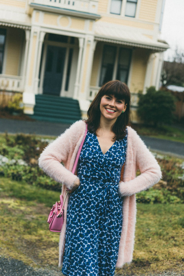 Yumi, Floral wrap dress, Paradise Boutique, Chic Wish, Kate Spade, Pink Cardigan, Emily Carr House