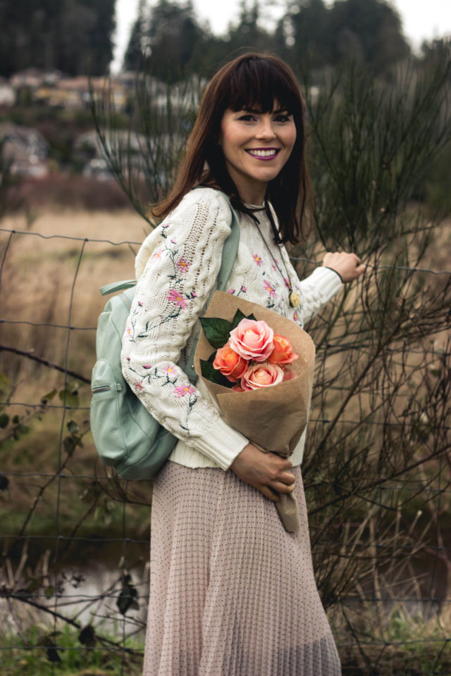 Pleasant Flowers Embroidered Cable Knit Sweater in Ivory, Chic Wish, Pink Pleated Skirt, Club Monaco, BAGGU leather back pack, winter fashion, vintage, style, floral, embroidery, pastel, romance