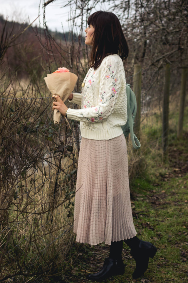 Pleasant Flowers Embroidered Cable Knit Sweater in Ivory, Chic Wish, Pink Pleated Skirt, Club Monaco, BAGGU leather back pack, winter fashion, vintage, style, floral, embroidery, pastel, romance