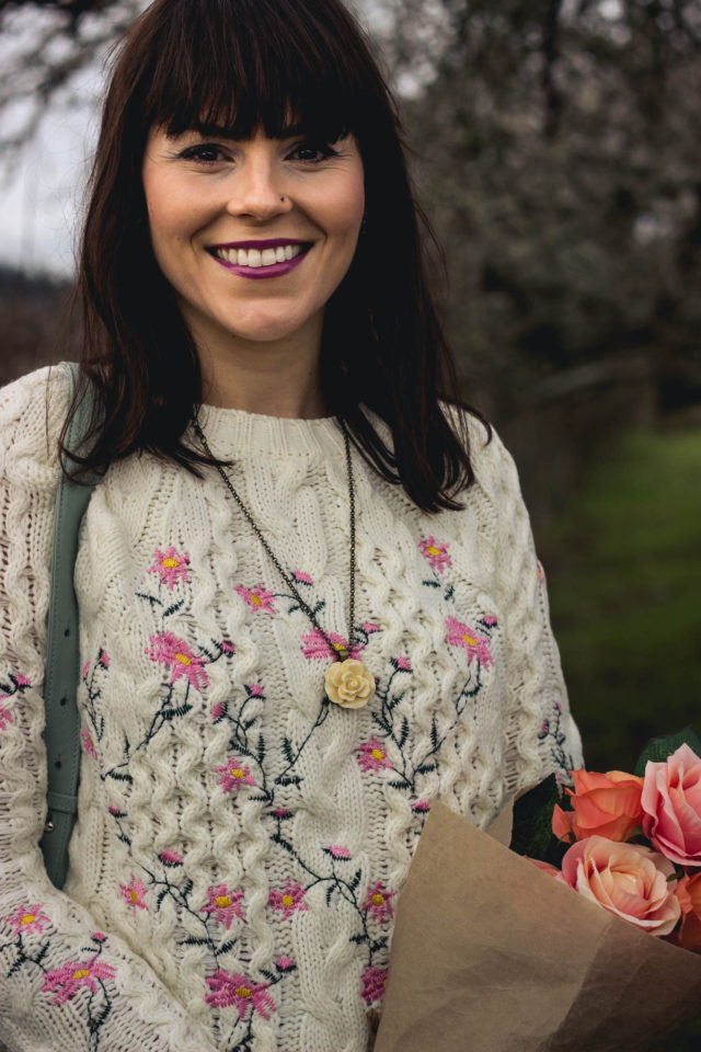 Pleasant Flowers Embroidered Cable Knit Sweater in Ivory, Chic Wish, Pink Pleated Skirt, Club Monaco, BAGGU leather back pack, winter fashion, vintage, style, floral, embroidery, pastel, romance