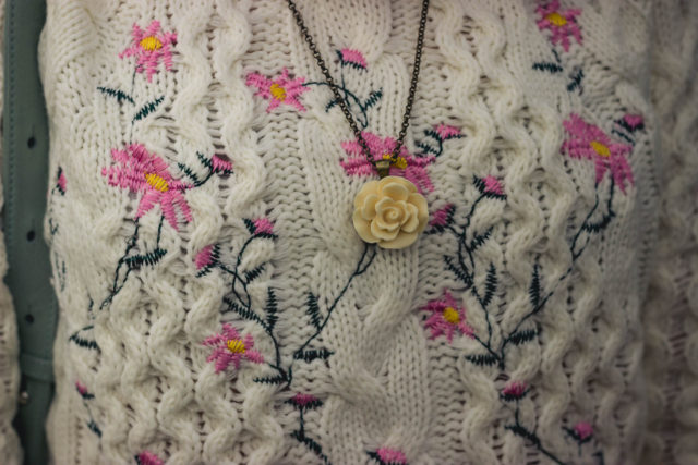 Pleasant Flowers Embroidered Cable Knit Sweater in Ivory, Chic Wish, Pink Pleated Skirt, Club Monaco, BAGGU leather back pack, winter fashion, vintage, style, floral, embroidery, pastel, romance