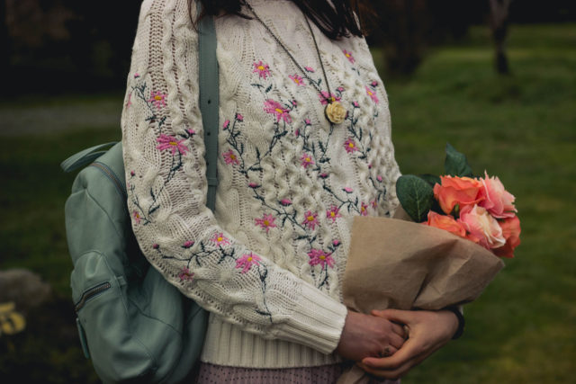 Pleasant Flowers Embroidered Cable Knit Sweater in Ivory, Chic Wish, Pink Pleated Skirt, Club Monaco, BAGGU leather back pack, winter fashion, vintage, style, floral, embroidery, pastel, romance