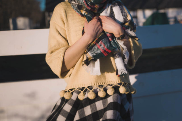 Bouncing Fun Sweater in Mustard, Chic Wish, Classic Black Check Wool-blend A-line Skirt, Festive Tartan Knitted Scarf, Sam Edelman Petty Leather Ankle Boot, Beret, Vintage, Gingham,