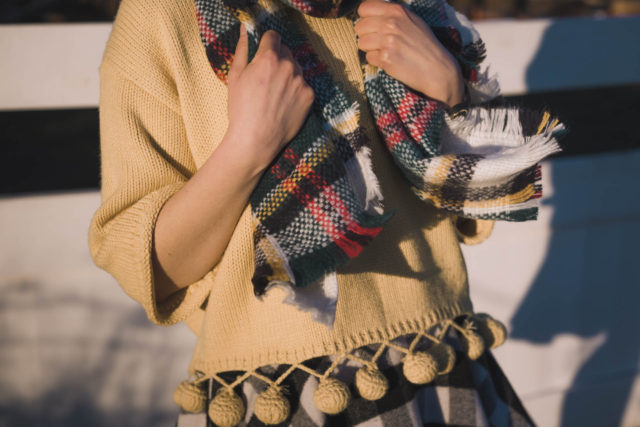 Bouncing Fun Sweater in Mustard, Chic Wish, Classic Black Check Wool-blend A-line Skirt, Festive Tartan Knitted Scarf, Sam Edelman Petty Leather Ankle Boot, Beret, Vintage, Gingham,