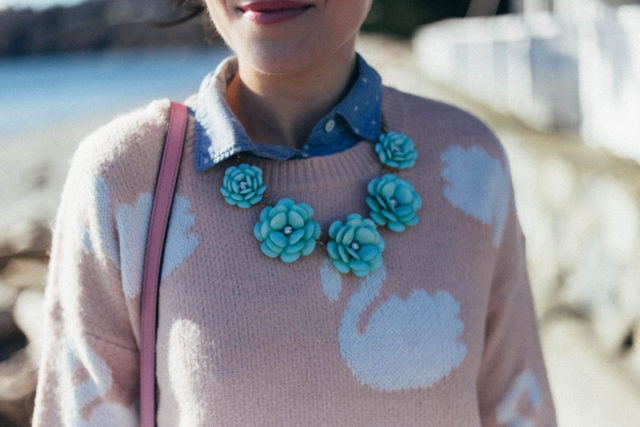 Marshall's, mom jeans, Levi's 501, floral necklace, pink swan sweater, spring fashion, vintage, pastel