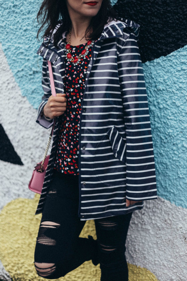 Old Navy. Marshall's, Kate Spade New York, BCBG, Valentine's Day, Heart print, Striped rain coat, distressed black jeans