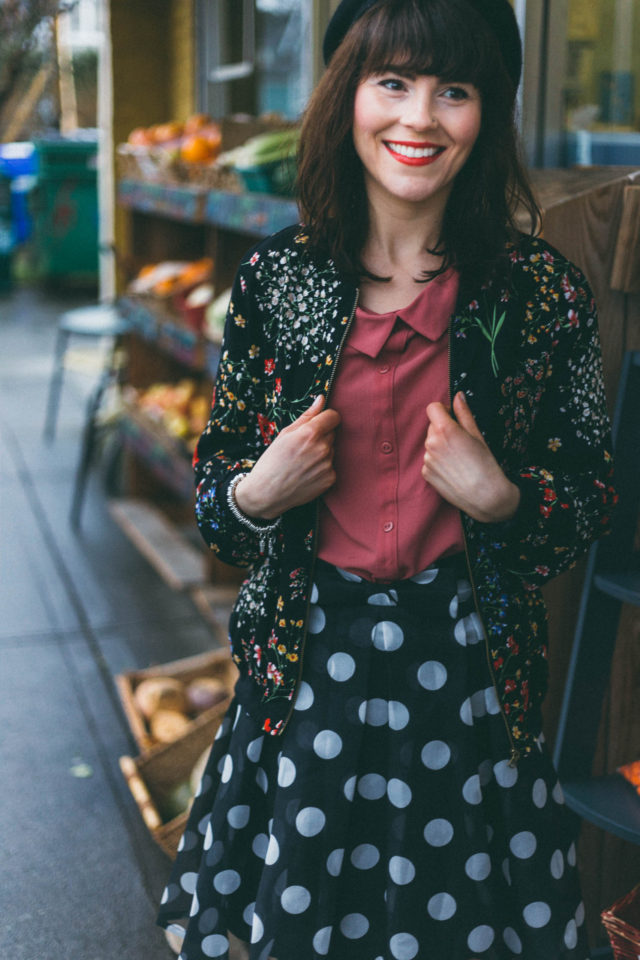 Marshall's, Chic Wish, Cynthia Rowley, Floral bomber jacket, polka dot skirt, peter pan collar, beret, spring fashion, vintage