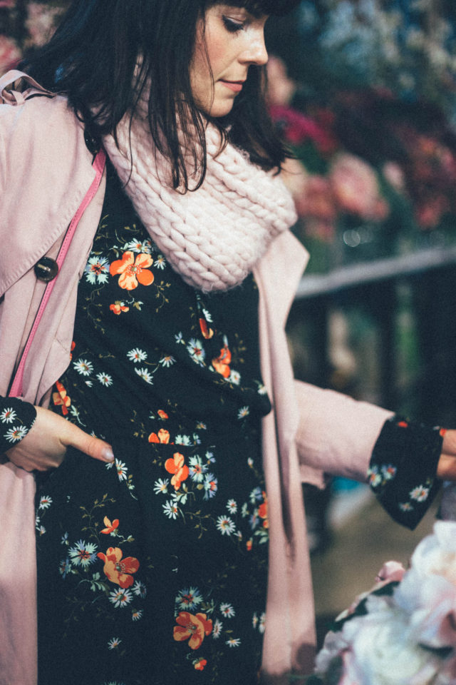 Flower Market, Floral Peasant Dress, Highline Collective, Lord and Taylor, Hudson's Bay, Purl Knit Infinity Scarf, Forever 21, Refined Double-breasted Trench Coat in Pastel Pink, Chic Wish, Kate Spade, Pink Bag,