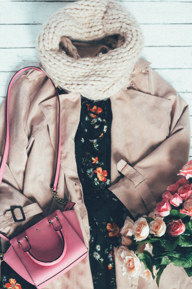 Flower Market, Floral Peasant Dress, Highline Collective, Lord and Taylor, Hudson's Bay, Purl Knit Infinity Scarf, Forever 21, Refined Double-breasted Trench Coat in Pastel Pink, Chic Wish, Kate Spade, Pink Bag,