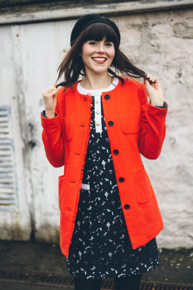 KARL LAGERFELD PARIS Bow Neck Lace Shift Dress, Karl Lagerfeld Paris Tweed Topper Jacket, Mod, Vintage, Beret, Spring, red