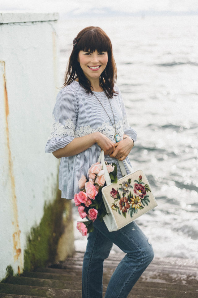 Chic Wish, Floral on Stripe Dolly Top, Levi's 501 CT, Vintage Cross Stitch bag, floral embroidery, vintage, spring, cameo