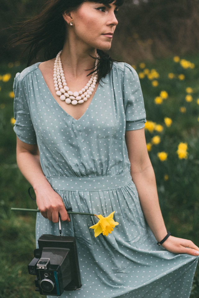 H&M, Spring Fashion, Vintage, Mint Green, Polka Dot Dress, Daffodils, Beacon Hill Park
