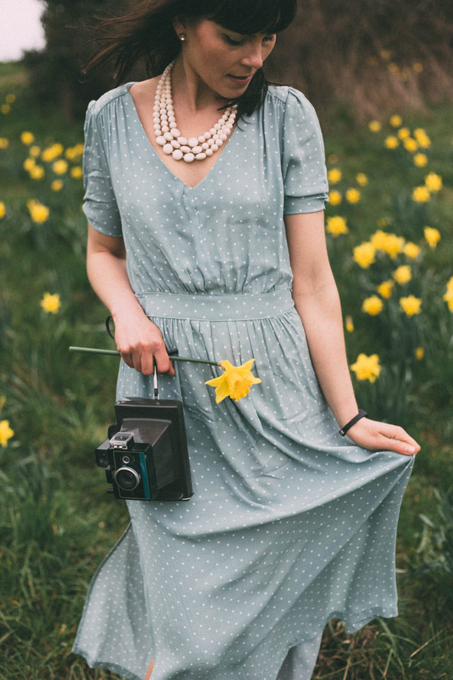 H&M, Spring Fashion, Vintage, Mint Green, Polka Dot Dress, Daffodils, Beacon Hill Park