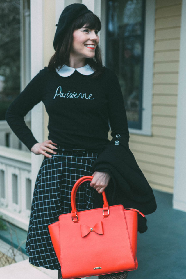 PARISIENNE JUMPER, Review Austrailia, VIENNA CHECK SKIRT, SERGEANT PEPPER CAPE, SERAPHINA BAG, Parisian, Beret, Vintage fashion, Parisian, French