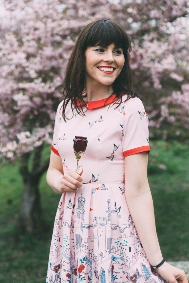 Linda Bop, Vintage inspired dresses, unique and retro clothing, 'Celestia' Pink Verona Print Swing Dress, Beauty and The Beast