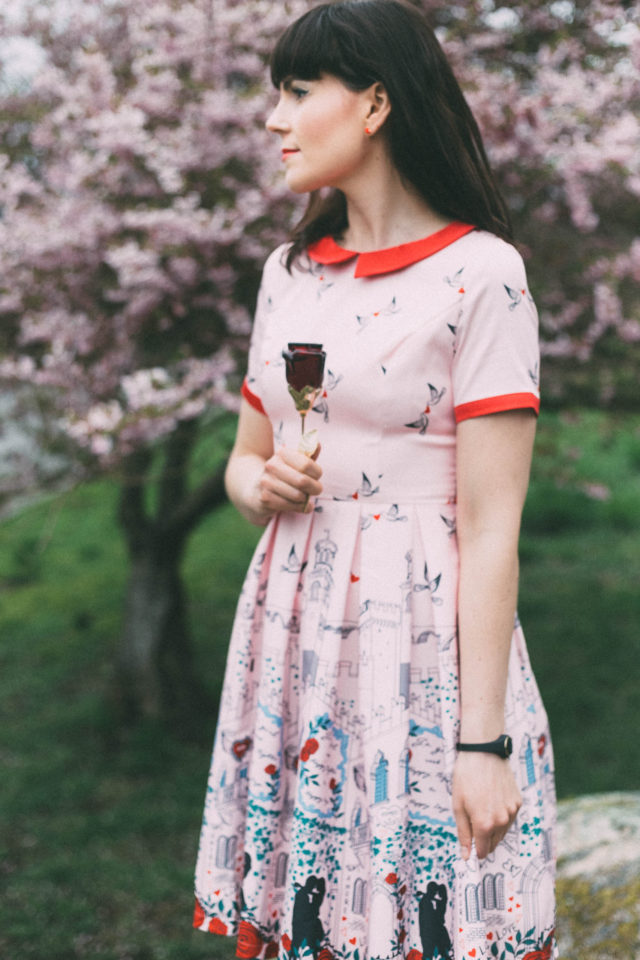 Linda Bop, Vintage inspired dresses, unique and retro clothing, 'Celestia' Pink Verona Print Swing Dress, Beauty and The Beast