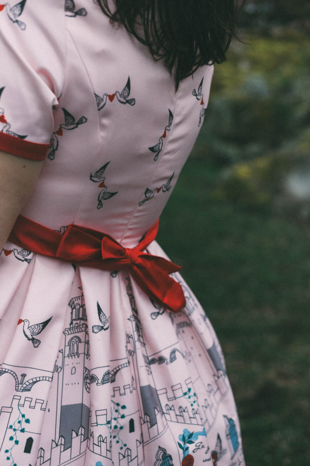 Linda Bop, Vintage inspired dresses, unique and retro clothing, 'Celestia' Pink Verona Print Swing Dress, Beauty and The Beast