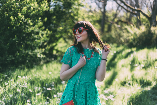 Floral Holiday Crochet Dress in Green, Watermelon bag, Chic Wish, Red cat eye sunglasses, spring fashion, vintage