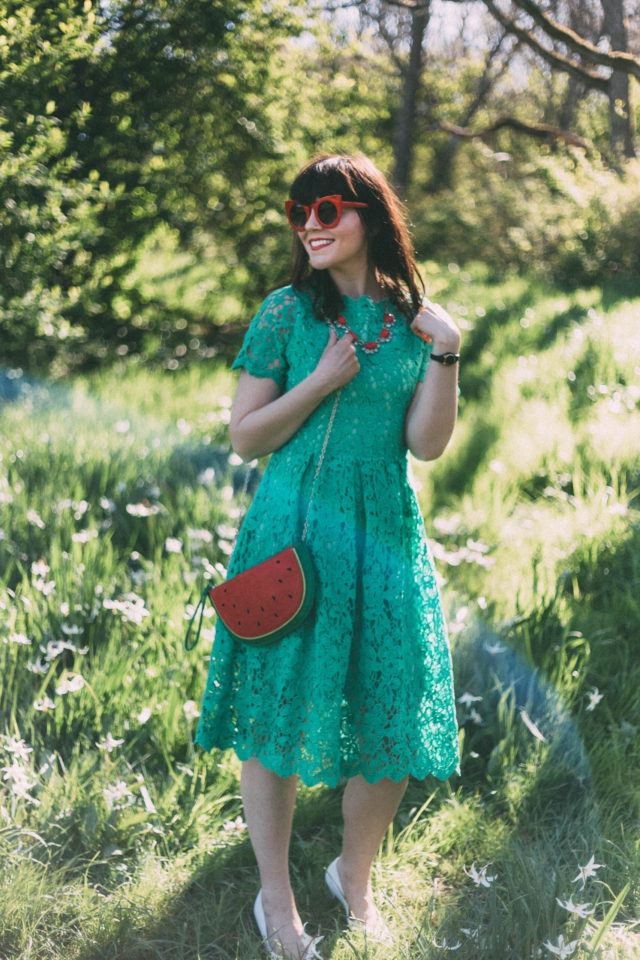 Floral Holiday Crochet Dress in Green, Watermelon bag, Chic Wish, Red cat eye sunglasses, spring fashion, vintage