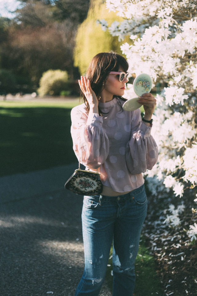 Levi's 501c, Chic Wish, Jolly Pink Polka Dots Top With Balloon Sleeves, Pink Cat Eye Sunglasses, Vintage, Spring, Vintage compact