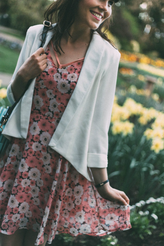 Pom Pom Boutique, Victoria, Vintage, Fashion, Floral Dress, Cat bag, cat silhouette, white blazer, spring