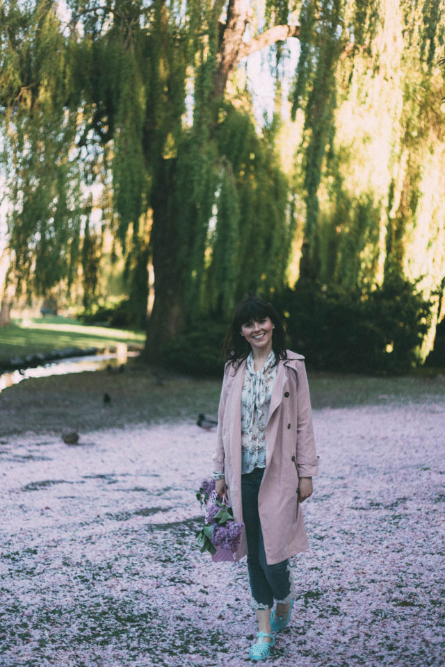 Chic Wish, Refined Double-breasted Trench Coat in Pastel Pink, DENIM & SUPPLY RALPH LAUREN Floral Printed Necktie Top, I.N.C INTERNATIONAL CONCEPTS Cropped Embroidered Jean, Sun Jellies, Cherry Blossoms, Spring, Vintage, Fashion, Floral