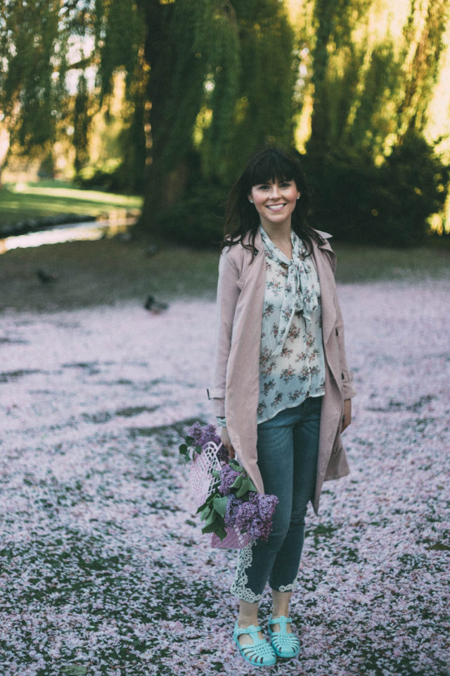 Chic Wish, Refined Double-breasted Trench Coat in Pastel Pink, DENIM & SUPPLY RALPH LAUREN Floral Printed Necktie Top, I.N.C INTERNATIONAL CONCEPTS Cropped Embroidered Jean, Sun Jellies, Cherry Blossoms, Spring, Vintage, Fashion, Floral 