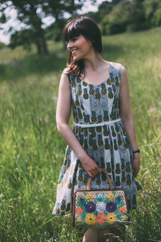 Yumi Pineapple Stripe Dress Ivory, Vintage straw bag, Paradise Boutique, Summer, Sun Dress, vintage