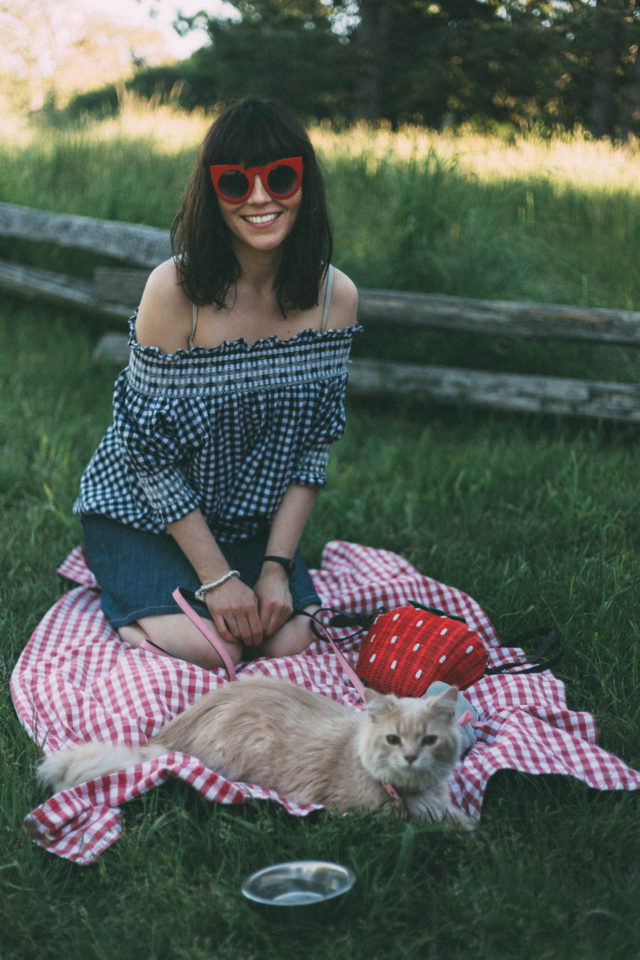 Chic Wish, Cold Shoulder Gingham Top, Red cat Eye sunglasses, Denim Skirt, Red Cat Eye Sunglasses, Yumi