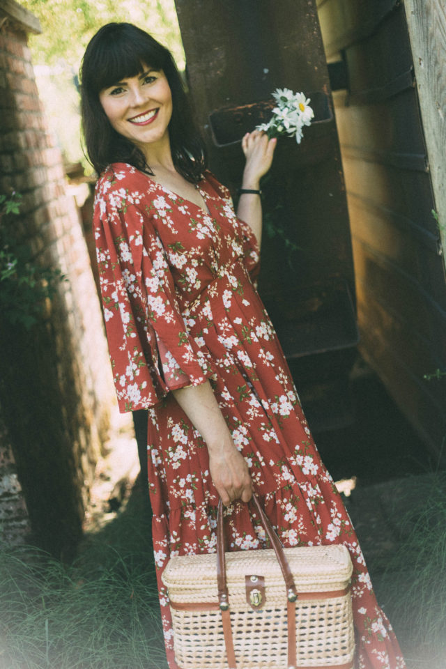 CALIFORNIA MOONRISE Floral Printed Tiered Gown, California Moonrise, Bohemian fashion, vintage, summer, maxi dress, retro, floral, straw bag