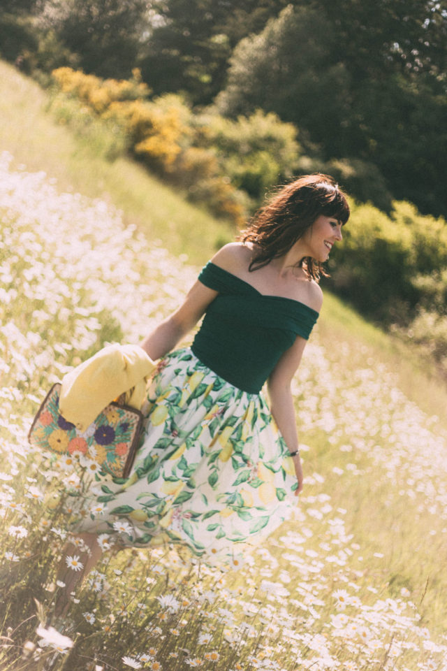 Chic Wish, Lemon Print, Midi Skirt, straw bag, vintage, summer, fashion