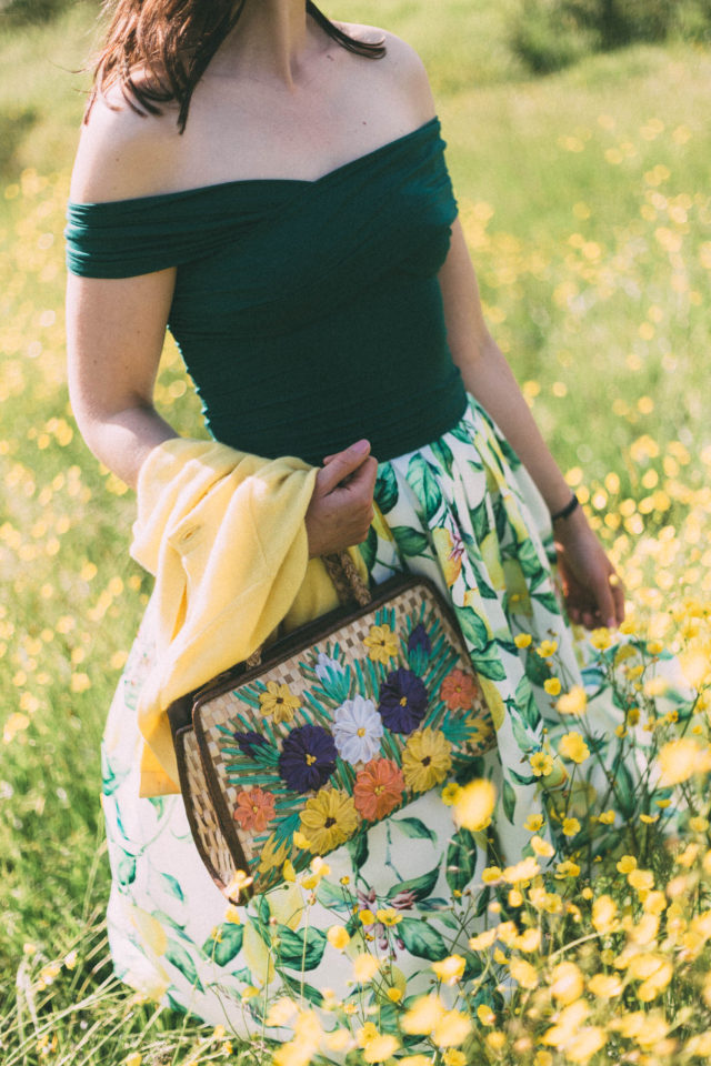 Chic Wish, Lemon Print, Midi Skirt, straw bag, vintage, summer, fashion