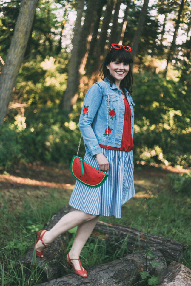 Vertical Striped Single Breasted Circle Skirt, SheInside, Rose Embroidery Single Breasted Denim Jacket, watermelon bag, denim, vintage, summer, red