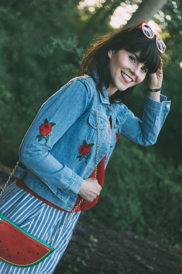 Vertical Striped Single Breasted Circle Skirt, SheInside, Rose Embroidery Single Breasted Denim Jacket, watermelon bag, denim, vintage, summer, red