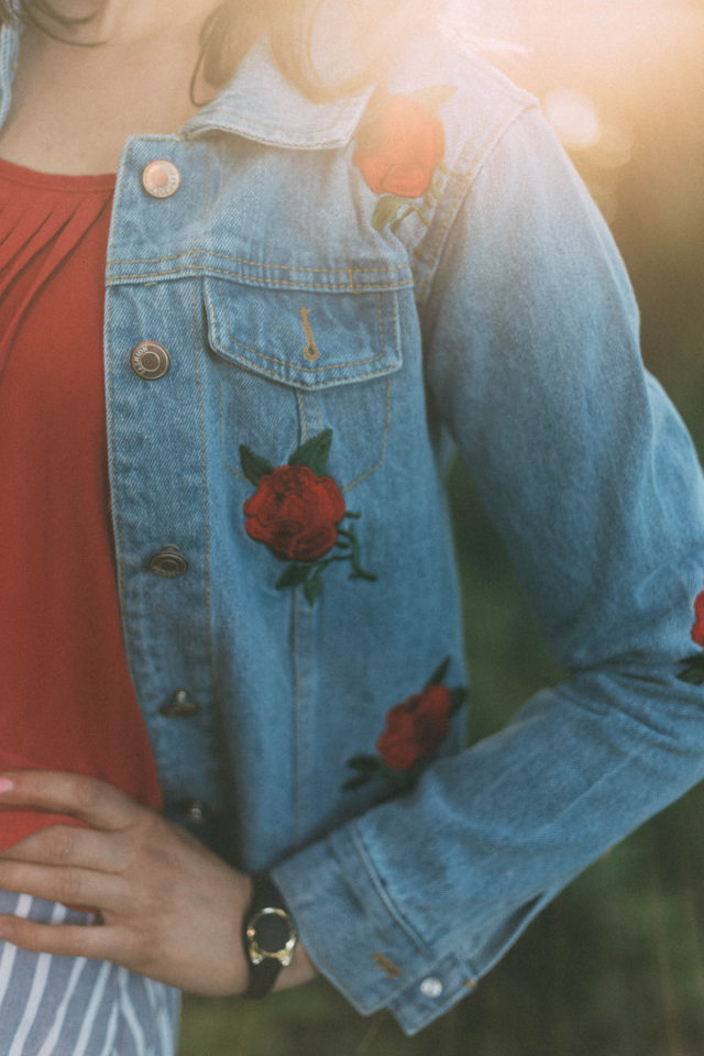 Vertical Striped Single Breasted Circle Skirt, SheInside, Rose Embroidery Single Breasted Denim Jacket, watermelon bag, denim, vintage, summer, red