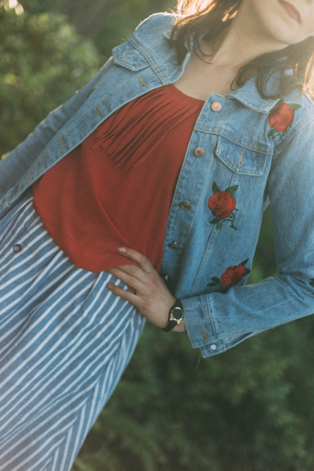 Vertical Striped Single Breasted Circle Skirt, SheInside, Rose Embroidery Single Breasted Denim Jacket, watermelon bag, denim, vintage, summer, red