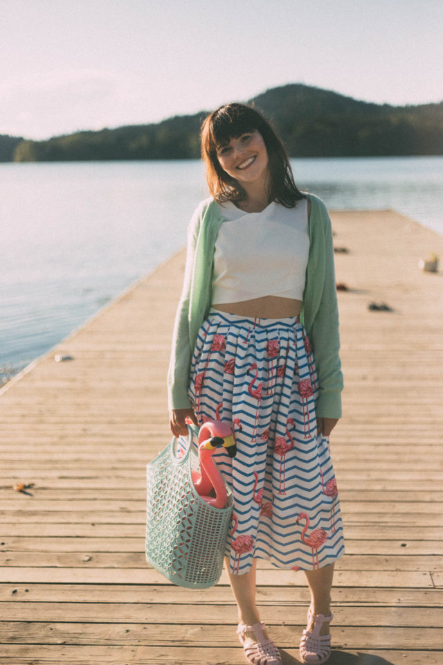 Flamboyantly Flamingo Printed Midi Skirt, Chic Wish, White Crop Top, flamingo, sun jellies, Mint cardigan