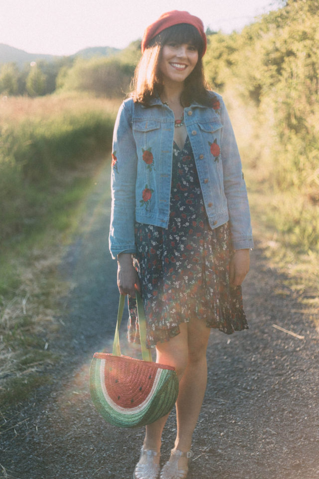 DENIM & SUPPLY RALPH LAUREN Floral-Print Wrap Dress, Rose Embroidery Single Breasted Denim Jacket, Cute Watermelon Semicircle Summer Straw Woven Bag, Beret, vintage, summer, floral, country, French