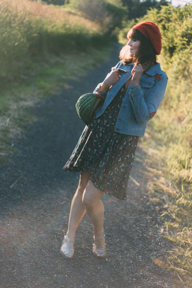 DENIM & SUPPLY RALPH LAUREN Floral-Print Wrap Dress, Rose Embroidery Single Breasted Denim Jacket, Cute Watermelon Semicircle Summer Straw Woven Bag, Beret, vintage, summer, floral, country, French