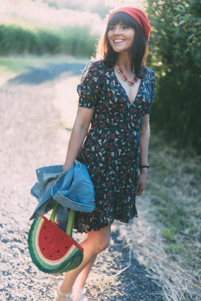 DENIM & SUPPLY RALPH LAUREN Floral-Print Wrap Dress, Rose Embroidery Single Breasted Denim Jacket, Cute Watermelon Semicircle Summer Straw Woven Bag, Beret, vintage, summer, floral, country, French