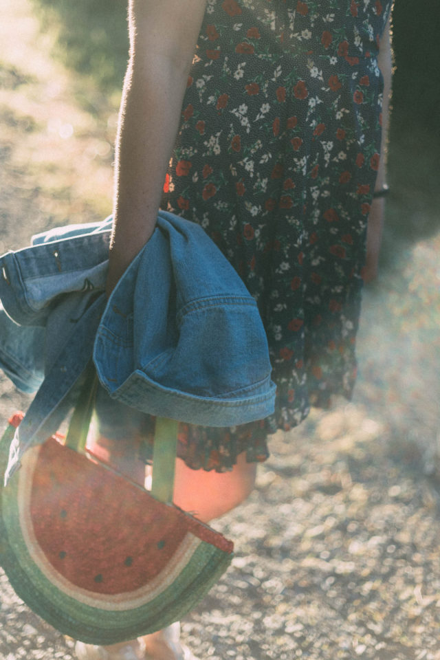 DENIM & SUPPLY RALPH LAUREN Floral-Print Wrap Dress, Rose Embroidery Single Breasted Denim Jacket, Cute Watermelon Semicircle Summer Straw Woven Bag, Beret, vintage, summer, floral, country, French