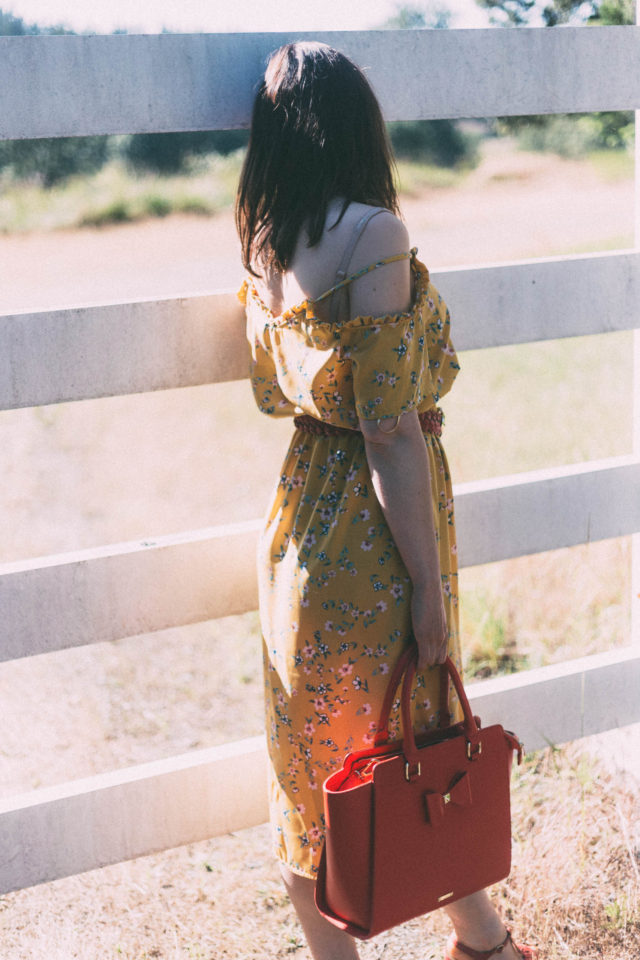 Yellow Floral Dress, Marshall's, red braided belt, Review Australia, Red purse, vintage, summer fashion