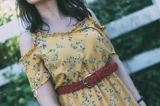 Yellow Floral Dress, Marshall's, red braided belt, Review Australia, Red purse, vintage, summer fashion