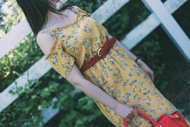Yellow Floral Dress, Marshall's, red braided belt, Review Australia, Red purse, vintage, summer fashion