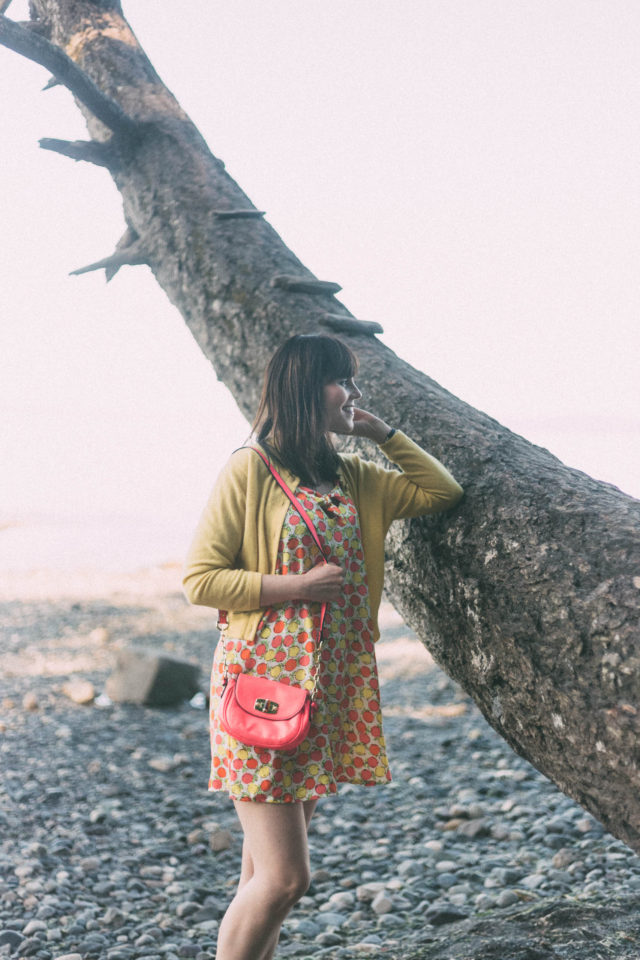 Lemon print, dress, fruit, yellow cardigan, vintage, Target, Marshall's, summer, beach,